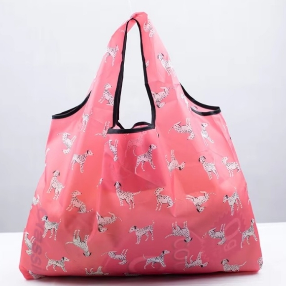 Oversized Large Pink Dalmatian Foldable Shopper Tote with storage pouch New - Picture 3 of 3